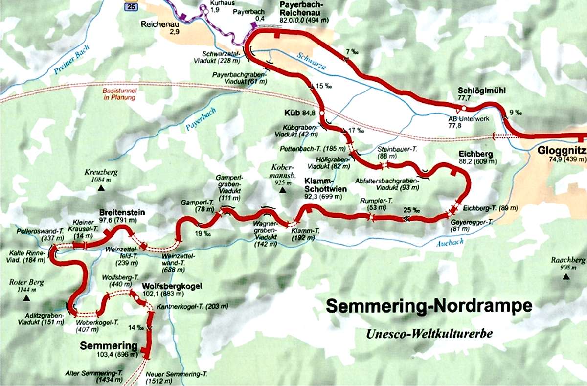 Mapa horské železnice Semmering